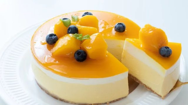 طريقة عمل تشيز كيك المانجو والريحان على البارد بدون فرن
