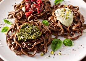 طريقة عمل مكرونة الكاكاو بصوص الجبنة المالحة وقطع الفراولة