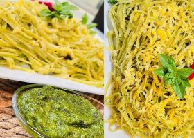 طريقة عمل باستا السبانخ والحمص مع صوص البيستو