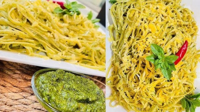 طريقة عمل باستا السبانخ والحمص مع صوص البيستو