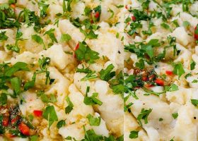 طريقة عمل بطاطس مهروسة بالسمسم المحمص والليمون الاسود