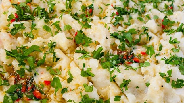 طريقة عمل بطاطس مهروسة بالسمسم المحمص والليمون الاسود