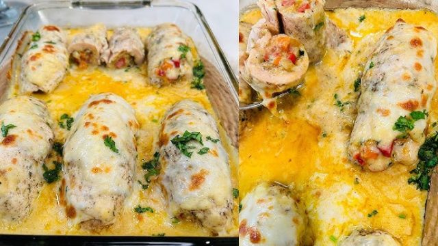 طريقة عمل رول الدجاج بالجبن و الكمثرى المشوية