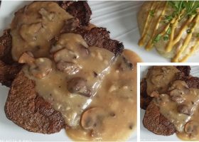 طريقة عمل بفتيك صوص المشروم المدخن مع بطاطس هاش براون