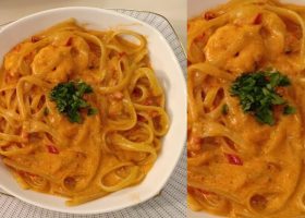 طريقة عمل مكرونة بالجمبري وصوص الليمون و الريحان الكريمي