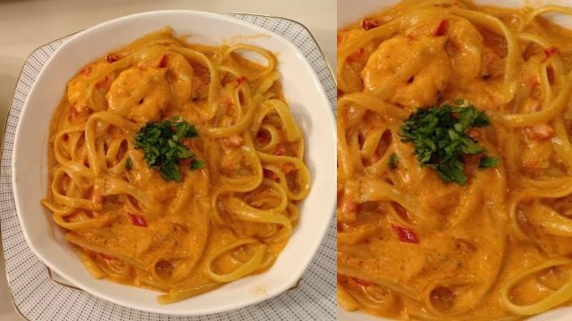 طريقة عمل مكرونة بالجمبري وصوص الليمون و الريحان الكريمي
